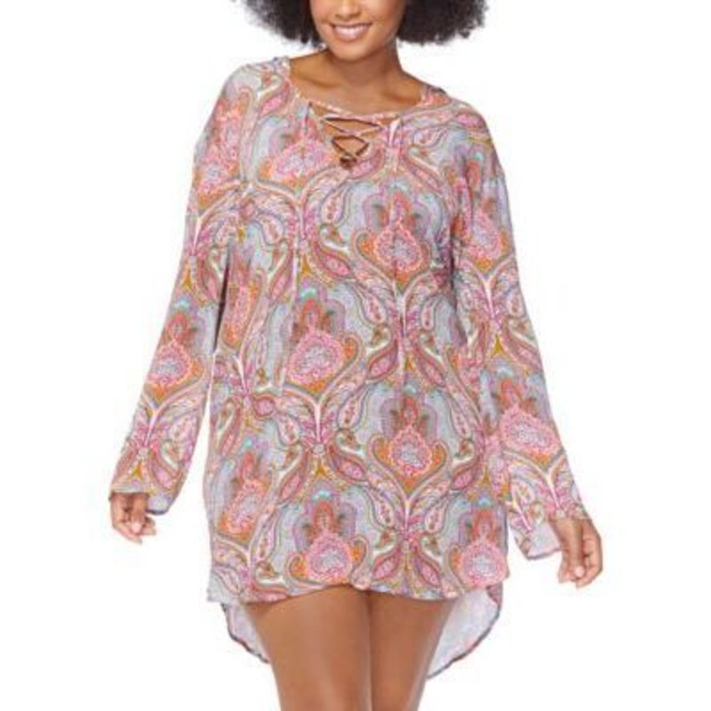 Raisins Plus Paisley-Print Hooded Lace-Up Swim Cover-Up Women's Multicolor 1X